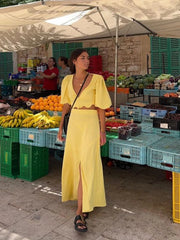 LIZAKOSHT - Chic Floral Printing Long Skirt Sets Women Elegant V-Neck Short Puff Sleeve Shirt High Waist Split Skirt Lady Sexy 2 Pieces Sets