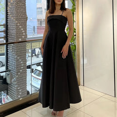 LIZAKOSHT - Sexy Waist Cinching Sleeveless Pleated Party Dress Leisure Ladies Solid Dresses French Style Vintage Satin Sling Evening Dresses