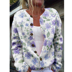LIZAKOSHT - Women Milled Pit Lavender Print Button Long Sleeve Lady Casual Extensions Cardigan White Jacket Coat
