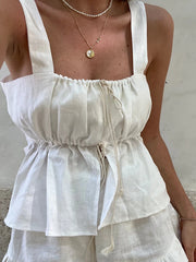 LIZAKOSHT - White Summer Ladies Sleepwear Suit Strap Pajamas Square Collar Nightie Lace Up Nightgowns Shorts Casual Nightwear Set