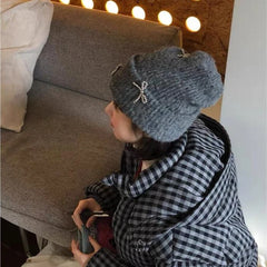 Lizakosht New Angora Rabbit Fur Bow Winter Hat for Women Knitted Fluffy Beanie Ladies Fashion Warm Plush Skull Womens Thick Fleece Hat y2k