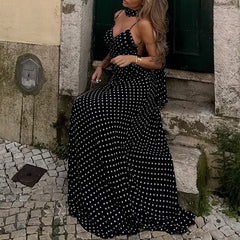 LIZAKOSHT - Temperament Vintage Polka Dot Print V-neck Open Back Sleeveless Long Dress With Ribbon Women's Vacation Party Vestidos
