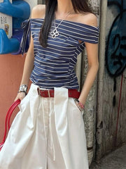 LIZAKOSHT - Women s Striped Off Shoulder Crop Top with Side Tie-up and Backless Design - Short Sleeve Fitted T-Shirt for a Stylish Look