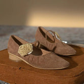 LIZAKOSHT - New Spring Retro Suede Mary Jane Low Heel Shoes Women Shallow Square Toe Chinese Style Floral Buckle Pleated Shoes Ladies Pumps