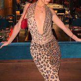 LIZAKOSHT - Leopard Print Dresses For Women Fashion Sexy Party Night Bar Outfit Open Back Swinging Neck Halter Hip Wrap Maxi Dress