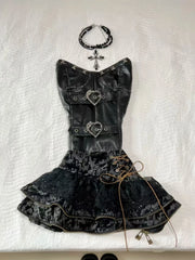 LIZAKOSHT - Spring Gothic Vintage Skinny Dark Punk 2 Piece Sets Women Hot Girl Y2k Slim Tops +Ruffle Design Mini Skirt Female Chic Outfits