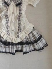 LIZAKOSHT - Japanese Sweet Kawaii Women 2 Piece Set Cute Bow Lace Tops +Mini Puffy Skirt New Fashion Harajuku Y2k Plaid Preppy Style Outfits