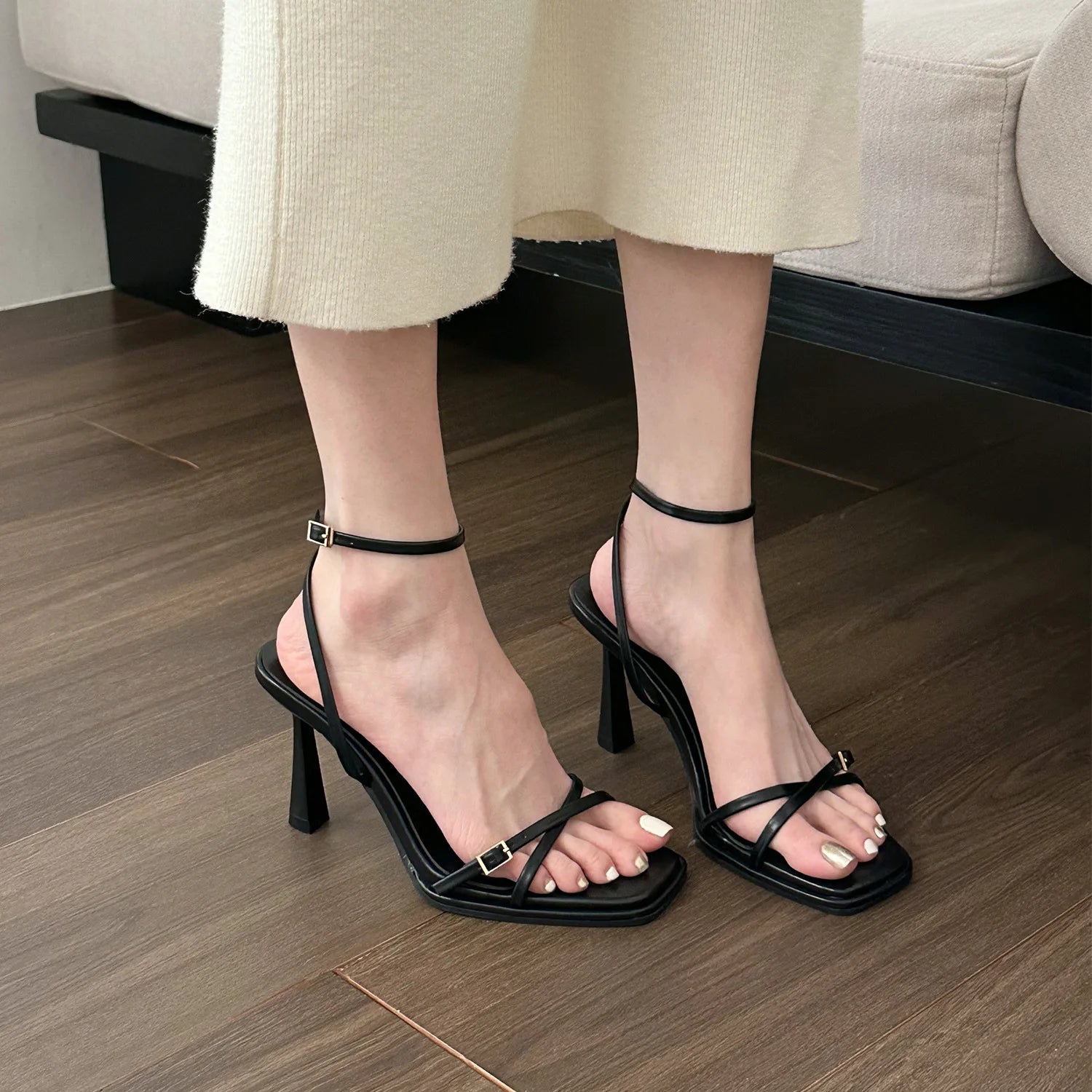 LIZAKOSHT -  New Summer Square Toe Sandals for Women Elegant Party Thin Strap High Heels Ladies Buckle Sandal Female White Black Shoes