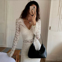 LIZAKOSHT - Sexy See Through Lace Women 3 Piece Sets White V-neck Long Sleeve Dress Sets Winter Slim Elegant Party Evening Dress