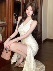 LIZAKOSHT - Elegant Dresses Women Flowers Lace Patchwork Sleeveless Halter Slim Split Temperament Party Dress Summer Fashion