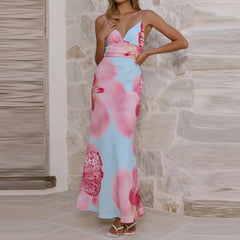 LIZAKOSHT - Women's sexy V-neck sleeveless long dress with printed summer fashion beach dress Bohemian casual backless dress