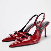 LIZAKOSHT - Pointed Toe Weddings Bridal Women High Heels Shoes Brand Designer Female Party Stiletto Classic Bow Red Ladies Slingback Pumps