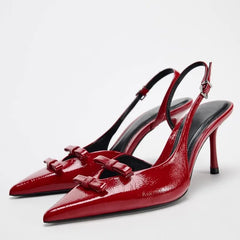 LIZAKOSHT - Pointed Toe Weddings Bridal Women High Heels Shoes Brand Designer Female Party Stiletto Classic Bow Red Ladies Slingback Pumps