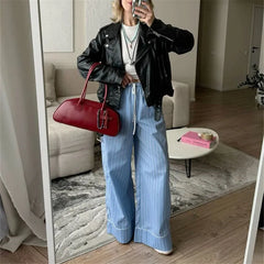LIZAKOSHT - Women's Straight Wide Leg Pants Y2K Vintage Drawstring Elastic Waist Striped Print Boxer Pants Casual Lounge Trousers