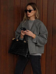 LIZAKOSHT  -  Woolen Coat Women Grey Autumn Winter Crop Overcoat Lady Elegant Fashion Long Sleeve Jacket Female Casual Loose V-Neck Coats