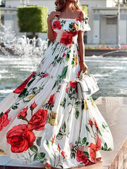 LIZAKOSHT - Patchwork Short Flying Sleeve Party Dress, Women Summer Slash Neck Loungewear Dress, Simple Printing Elegant Ladies Dress