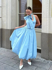 LIZAKOSHT - Blue Chic Women's Pleated Halter Lace Up Midi Dress Elegant Backless Sleeveless High Waist A-line Robe Lady 2024 Street Vestido