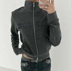LIZAKOSHT - Stand Collar Jacket High Quality Letter Printed Zipper American Retro Women'S Slim Fit Versatile Casual Sweatshirt