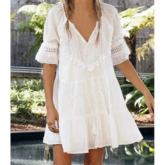 LIZAKOSHT - White Short Sleeve Lace Dress for Women Robe Casual Lace Up Tassel O-neck Mini Dresses Summer Boho Beach Wear Vestidos