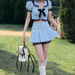 LIZAKOSHT - Korea Summer Sweet Two Piece Mini Skirts Sets Kawaii Lolita Peter Pan Collar Bow Crop Top + Mini Skirt Suit Blue Outfit Outwear
