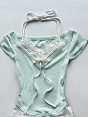 LIZAKOSHT - Y2k Aesthetic Fake Two Pieces Halter Bandage T-shirts Summer Women Lace Patchwork Crop Tees Streetwear Grunge Bow Bodycon Tops