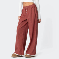 LIZAKOSHT - Women Red Gingham Wide Leg Pants Lace Trim Vintage Elastic Waist Straight Leg Plaid Pants Y2K Vintage Streetwear