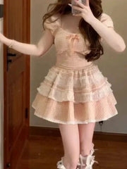 LIZAKOSHT - Pink Japanese Lolita Kawaii Dress Women Plaid Square Collar Party Mini Dress Female Bubble Sleeve France Elegant Bow Dress