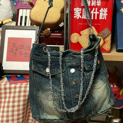 LIZAKOSHT - Hot Girls Denim Shoulder Bags Women Harajuku Aesthetic Chain Pocket Y2k Handbag Female Vintage Underarm Crossbody Bag