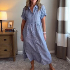 LIZAKOSHT  -  Summer New Women's Striped Dress Shirt Lapel Loose Button Cardigan Pocket Fashion Vacation Casual Street Midi Skirt for Female