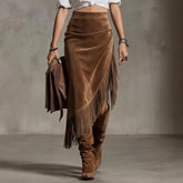 LIZAKOSHT - New European American Women's Retro Western Fringed Hemline Irregular Suede Skirt Skirt Fashionable Personalized Women Clothing
