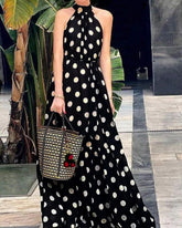 LIZAKOSHT - 2026 Summer Beach Wind Polka Dot Printed Fashion Dress Sleeveless Slim Fit Fashion Temperament Long Dress