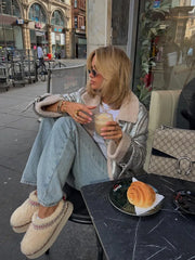 Lizakosht Classic Silver Faux Fur Lapel Collar Women's Jackets Fake Sheepskin Leather Warm Thick Coat Winter Jacket Faux Shearling Jacket