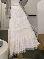 LIZAKOSHT Long Skirts Women Elegant Fashion Lace Skirts Female Autumn Winter High Waist Maxi Skirt Ladies Sweet Loose Ruffles Cake Skirt