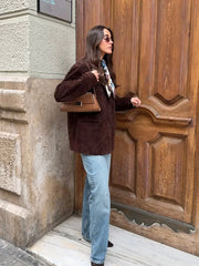 LIZAKOSHT  -  Suede Leather Suit Jacket Coat Vintage Brown Women Cardigan Commuting Fashion Single Breasted Lapel Loose Casual Classic Outwear