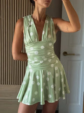 LIZAKOSHT - Summer Polka Dot Mini Dresses Women Casual V-neck Waist-cinching Sleeveless Pleated A-line Dress Fashion Lady Vacation Robe