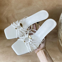 LIZAKOSHT - Fashion Metal Decoration Narrow Band Women Slippers Summer Square Toe Thin Heels Party Dress Ladies Shoes