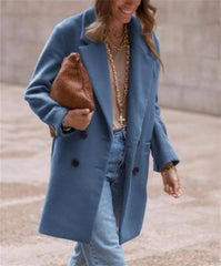 LIZAKOSHT  -  Women Lapel Double Breasted Coats Autumn Winter New In Fashion Jackets Sollid Color Lond Sleeve Pocket Jacket Lady Warm Outwears