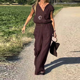 LIZAKOSHT  -  Sexy V-neck Top Pants 2 Piece Sets Women Casual Short Sleeve Top High Waist Straight Pant Sets 2025 Female Summer Chic Outfit