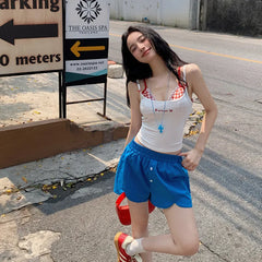 LIZAKOSHT  -  Lace Patchwork Y2k Crop Top Sets Square Collar Sleeveless Camis Plaid Sexy 2 Piece Girls Aesthetic Harajuku Slim Suits For Women