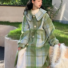 LIZAKOSHT - Woolen Coat Loose Fit Plaid Green Button Design Doll Collar Big Size Long New Long Sleeve Women Fashion Tide Autumn Winter