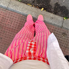 LIZAKOSHT - y2k Pants Women Chic Fashion Striped Contrast Color Elastic Waist Wide Leg Loose Trousers 2000s Sweatpants Streetwear