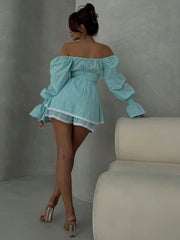 LIZAKOSHT  -  Sexy Ruffles Shorts Sets Women Spiced Slash Neck Waist Up Flare Sleeve Lace Up Top Short Pants 2025 Summer Lady New in Suits