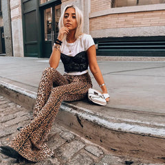 LIZAKOSHT - Autumn New Women's Elastic Waist Leopard Print flared trousers Fashion High Street Trendy Casual Slimming Pants