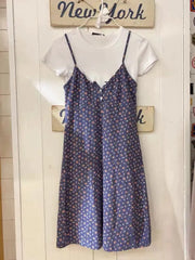 LIZAKOSHT - Sweet Women Retro Cross V Neck Suspender Floral Dress Summer Fashion Ladies Small Fresh Female Lace Button Tie Dress