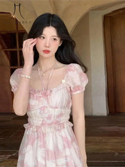 LIZAKOSHT  -  Pink Floral Midi Dress Women French Elegant Dress Even Party Office Lady Boho Beach Style Dress Korean Vintage Summer Chic