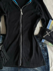 LIZAKOSHT - Black Long-sleeved Slim Cardigan Jacket for Women Fashionable and Simple Long-sleeved Top Streetwear Women Y2k Slim Fit Top