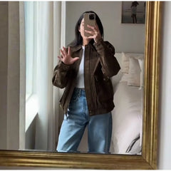 LIZAKOSHT - Casual Brown Women Coat Elegant Lapel Zippers Button Big Pocket Female Jacket 2025 Spring Autumn Elegant Lady Streetwear