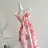 LIZAKOSHT - Summer Women Birthday Prom Halter Dress Maxi Coquette French Vintage Vacation Frock Evening Old Money One-Piece Party Aesthetic