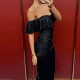 LIZAKOSHT - Lady Elegant Off Shoulder Bodycon Gown Women Casual Short Sleeve Solid Slim Birthday Dress Fashion Hight Waist Draped Long Dress