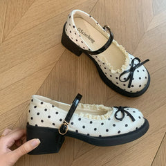 LIZAKOSHT - Cute Polka Dot Thick Heel Women Mary Jane Shoes Comfort Shallow Strap Pumps Ladies Eelgant Butterfly-knot Dress Single Shoes